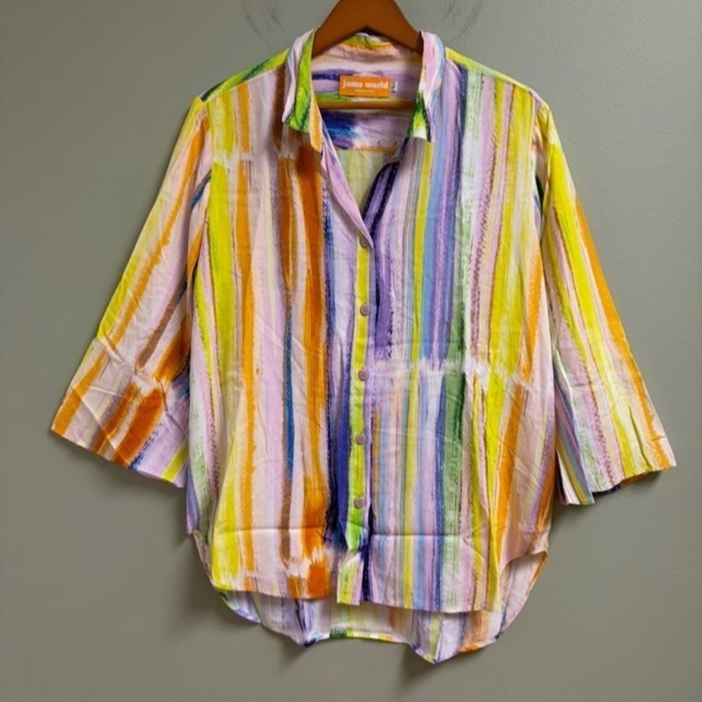 Jams World Button Blouse Top Size L Skyline Tropical Hawaii Colorful Vacation